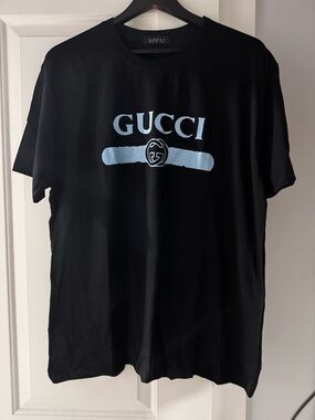 Designer Black Short Sleeve Tee with Light Blue Logo